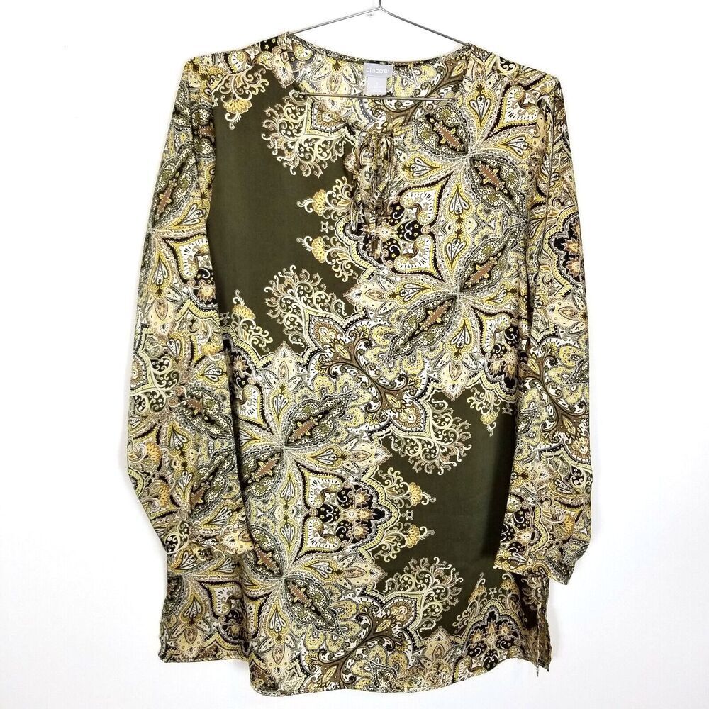 Chico's Women Long‎ Sleeve Satin Tunic Top Sz L Paisley Floral Brown Beige Artsy